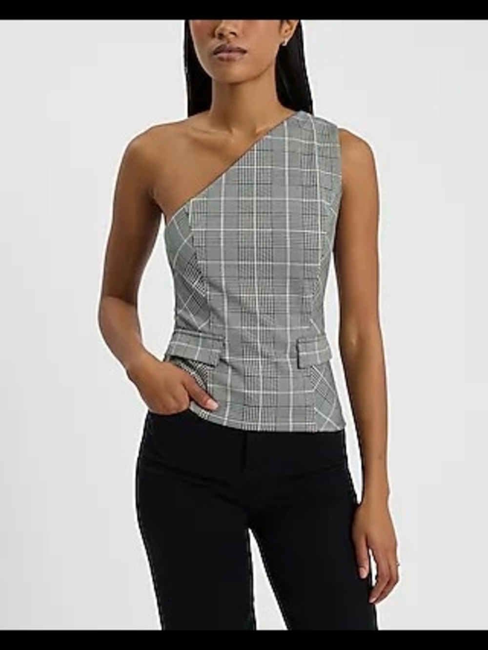 Express One-Shoulder Gray Plaid Top